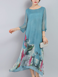 Blue Colorful Maxi Loose Located Printing Plus Size Chiffon Dress for Casual Office Party