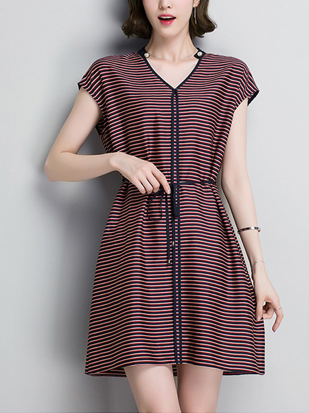 Red and Black Stripe Above Knee V Neck Band Stripe Plus Size Dress for Casual Office