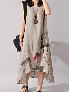 Beige Flax Loose Plus Size Located Printing Asymmetrical Hem Maxi Dress for Casual