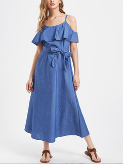 Blue Denim Off-Shoulder Loose Ruffled Band Plus Size Slip Maxi Dress for Casual
