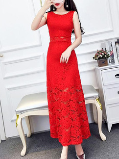 Red Lace Slim A-Line Open Back See-Through Plus Size Dress for Casual Party Office