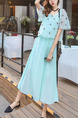 Blue Green Chiffon Seem-Two Printed Band Plus Size Dress for Casual