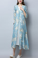 Blue and White Literary Loose Cardigan Band Printed Midi Plus Size Dress for Casual