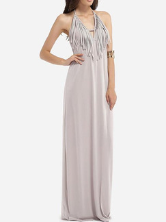 Grey Knitted Slim A-Line Open Back Tassels Band Maxi Plus Size Halter Dress for Cocktail Evening