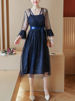 Blue A-Line Slim Mesh Linking Band Printed Knee Length Long Sleeve Dress for Casual Party Evening