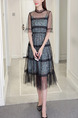 Black and Green Two-Piece Mesh Printed See-Through Midi Dress for Casual Party
