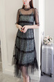 Black and Green Two-Piece Mesh Printed See-Through Midi Dress for Casual Party