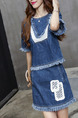 Blue Denim Two-Piece Contrast Linking Tassels Above Knee Dress for Casual