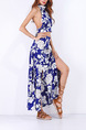 Blue and White Slim Two-Piece Printed Hang Neck Band A-Line Furcal Open Back Maxi Floral Dress for Casual Beach

