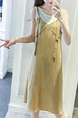 Beige and White Loose A-Line Two-Piece Contrast Stripe Knee Length Dress for Casual