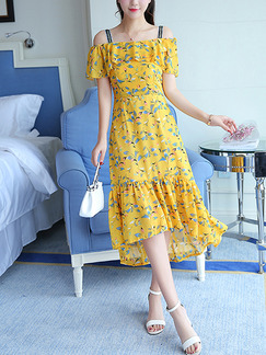 Yellow Colorful Printed Off-Shoulder Ruffled Strap Fishtail Dress for Casual Party