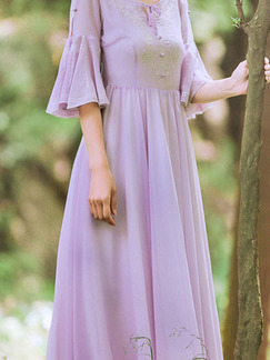 Purple Round Neck Buckled Band Flare Sleeve Full Skirt Dress for Bridesmaid Prom