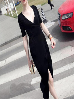 Black Slim V Neck Furcal Band Back Dress for Casual Party Evening