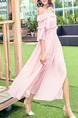 Pink Boat Neck Ruffled Flare Sleeve Full Skirt See-Through  Dress for Casual Beach