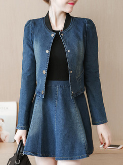 Blue Denim Two-Piece Stand Collar Buttons Located Printing A-Line Long Sleeve Dress for Casual Office