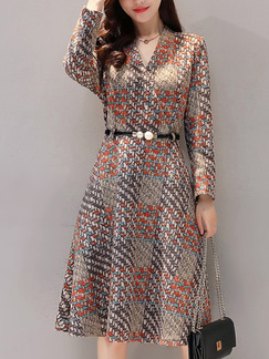 Colorful Slim A-Line Plus Size Contrast Grid V Neck Long Sleeve Knee Length Dress for Casual Party Evening Office