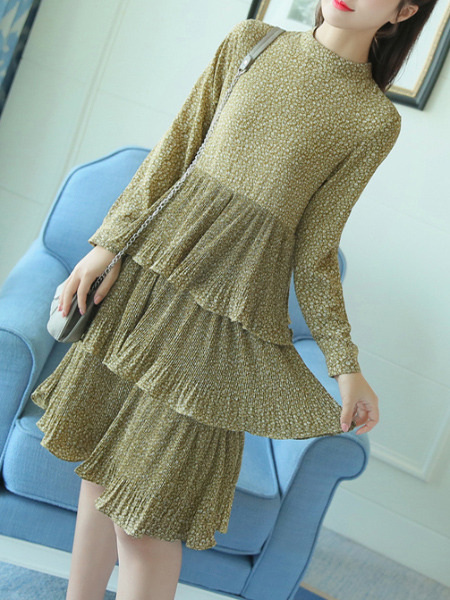 Beige Slim Round Stand Collar Floral Asymmetrical Hem Long Sleeve Dress for Casual Office