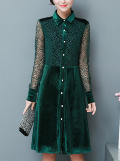 Green Plus Size Slim A-Line Lace Linking Lapel Buttons Long Sleeve Dress for Casual Office