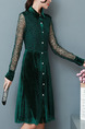 Green Plus Size Slim A-Line Lace Linking Lapel Buttons Long Sleeve Dress for Casual Office
