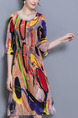 Colorful Plus Size Loose A-Line Printed Linking Round Neck Band Furcal Dress for Casual
