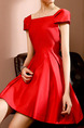 Red Slim A-Line Boat Collar Bubble Sleeve Dress for Casual Party Evening