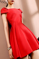 Red Slim A-Line Boat Collar Bubble Sleeve Dress for Casual Party Evening