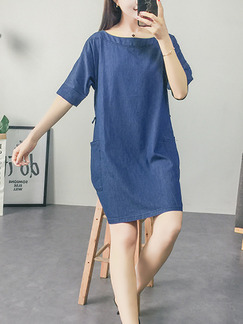 Blue Denim Loose H-Shaped Round Neck Pockets Shift Dress for Casual