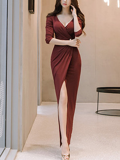 Red Slim Over-Hip V Neck Furcal Folds Dress for Cocktail Party Evening Ball