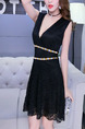 Black Slim A-Line V Neck Linking Bead Lace Fit & Flare Above Knee Dress for Cocktail Party Evening
