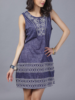 Blue Loose A-Line Embroidery Round Neck Above Knee Dress for Casual Party