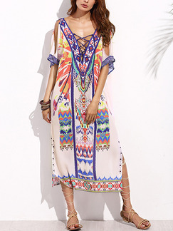 Colorful Plus Size Loose Printed Furcal V Neck Off-Shoulder Open Back Dress for Casual Beach