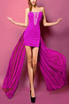 Purple Chiffon Slim Lace Strapless Over-Hip Rhinestone Above Knee Dress for Cocktail Prom Ball
