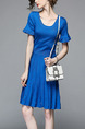 Blue Knitting Slim Round Neck Flare Sleeve Pleated Breathable Perforated Above Knee Dress for Casual Party
