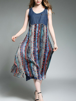 Blue Colorful Plus Size Loose Denim Linking Chiffon Printed Round Neck Midi Dress for Casual Beach