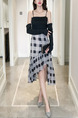 Black and White Three-Piece Slim Sling Contrast Grid Asymmetrical Hem Long Sleeve Dress for Party Evening
