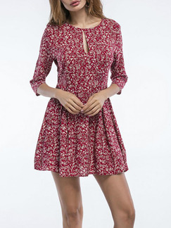 Red Slim A-Line Floral Round Neck Open Hole Above Knee Dress for Casual Party