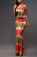 Red Brown and White Slim Printed Off-Shoulder Open Back Adjustable Waist Over-Hip Maxi Bodycon Dress for Casual Beach