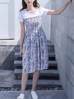 White Blue and Pink Chiffon Slim A-Line Printed Sling Laced Adjustable Chest Open Back Floral Knee Length Dress for Casual Party