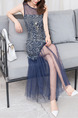 Blue Plus Size Slim Printed Fishtail Linking Lace See-Through Over-Hip Round Neck Maxi Dress for Cocktail Party Evening