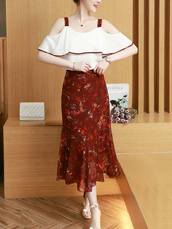Red and White Chiffon Two-Piece Slim Off-Shoulder Sling Cloak Floral Over-Hip Fishtail Midi Dress for Casual Office Evening