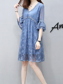 Blue Plus Size Loose A-Line Embroidery V Neck Flare Sleeve Double Layer See-Through Knee Length Dress for Casual Party