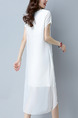 White Slim Round Neck Chinese Buttons Linking Mesh Midi  Dress for Casual