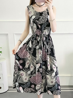 Black Colorful Plus Size Slim A-Line Printed Round Neck Adjustable Waist Band Fit & Flare Midi Dress for Casual Party