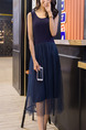 Blue Loose A-Line Round Neck Linking Mesh Double Layer Shift Midi Dress for Casual Party