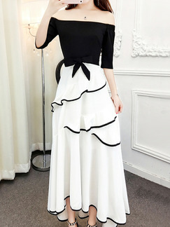 Black and White Slim Off-Shoulder Ruffle Maxi Dress for Party Evening Cocktail Prom