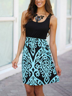 Black and Blue Slim Linking Printed Above Knee Dress for Casual Party