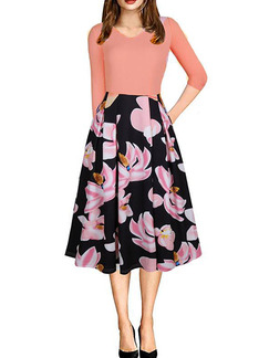 Flesh Pink and Colorful Slim Linking Printed Midi Floral Fit & Flare Dress for Casual Party Evening