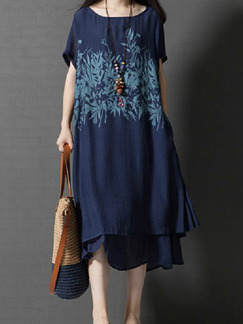 Navy Blue Loose Located Printing Double Layer Midi Shift Dress for Casual