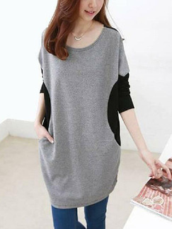 Gray and Black Loose Contrast Linking Above Knee Long Sleeve Shift  Dress for Casual