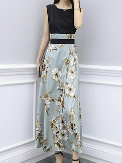 Black and Colorful Slim Linking Printed High-Waist Maxi Floral Dress for Party Evening Office